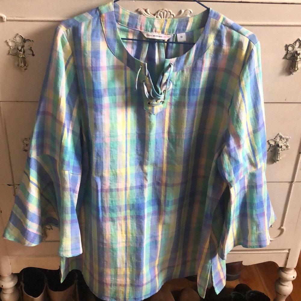 Isaacmizrahi live summer plaid tunic top, flared sleeves, lace tie neckline 14